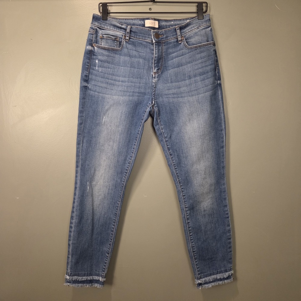 Loft Women's Double Fringe Hem Boho Modern Skinny Crop Jeans Size 8 Medium Wash